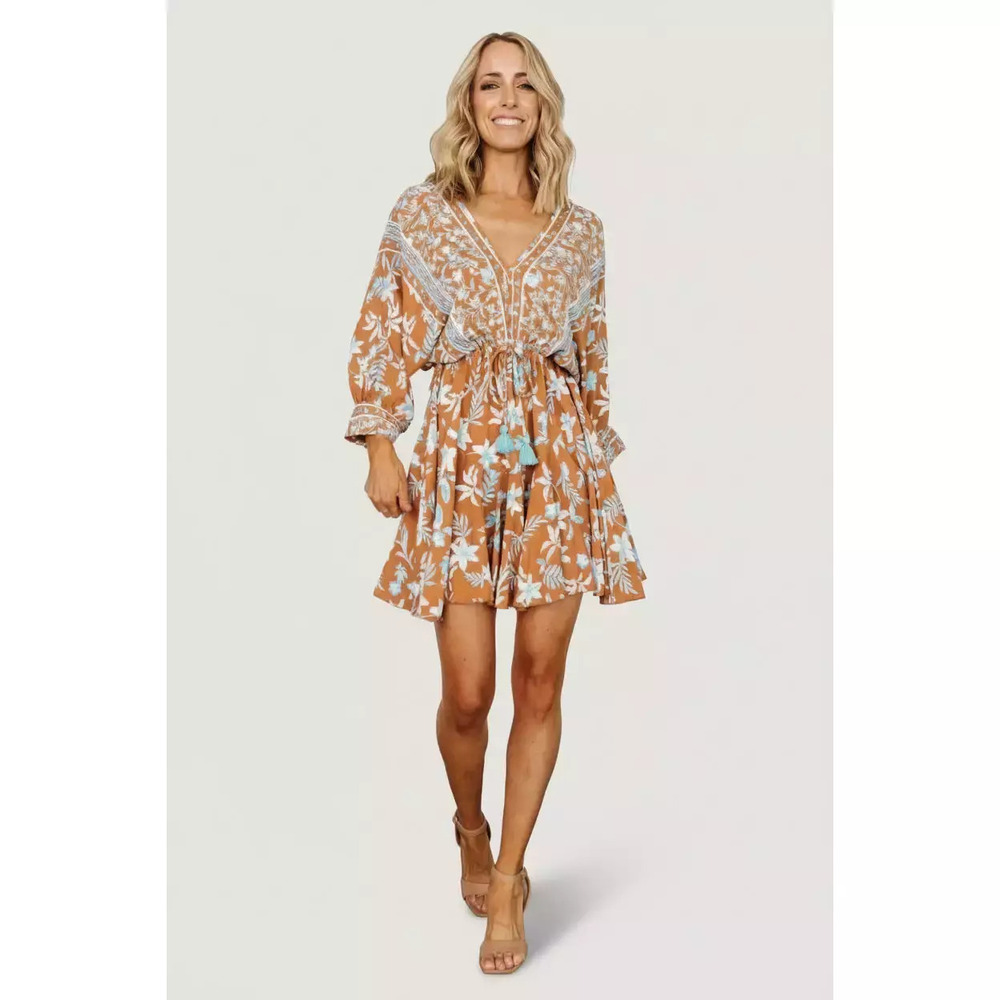 Baltic Born Adria Mini Dress | Camel + Blue Size SS